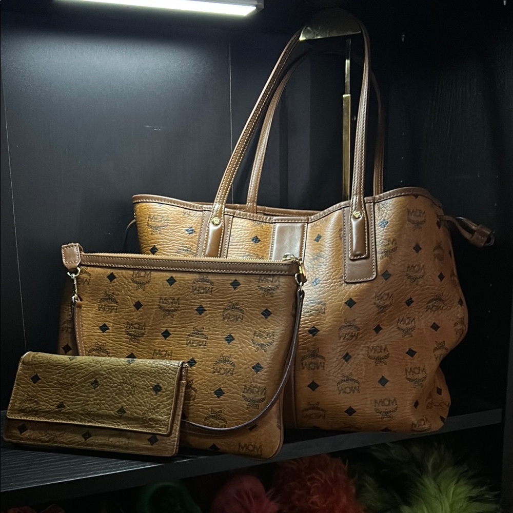 MCM Brown Monogram Tote Bag Set w/ Wallet